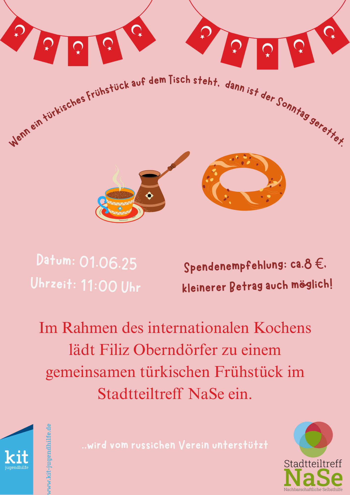 Ankündigungsplakat mit gezeichnetem türkischem Kaffeegeschirr und Cimit-Kringel